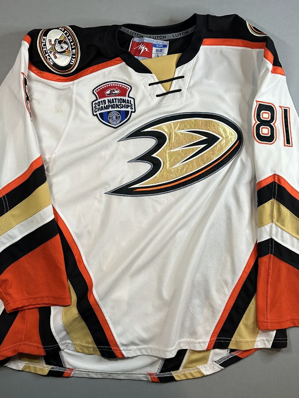 Anaheim Ducks White Team Hockey Jersey (Lutch) - Gold & Orange Accents